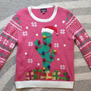 Cactus Ugly Christmas Sweater with a Santa Hat, Bell & Sequins
